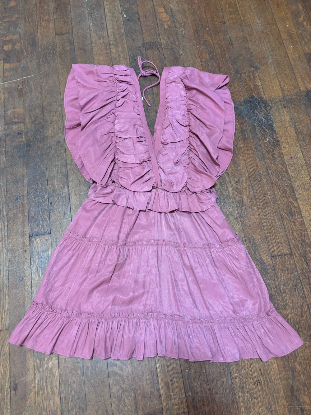 Glam Dusty Rose Ruffle Tie Back Mini Dress Cottagecore Size Medium